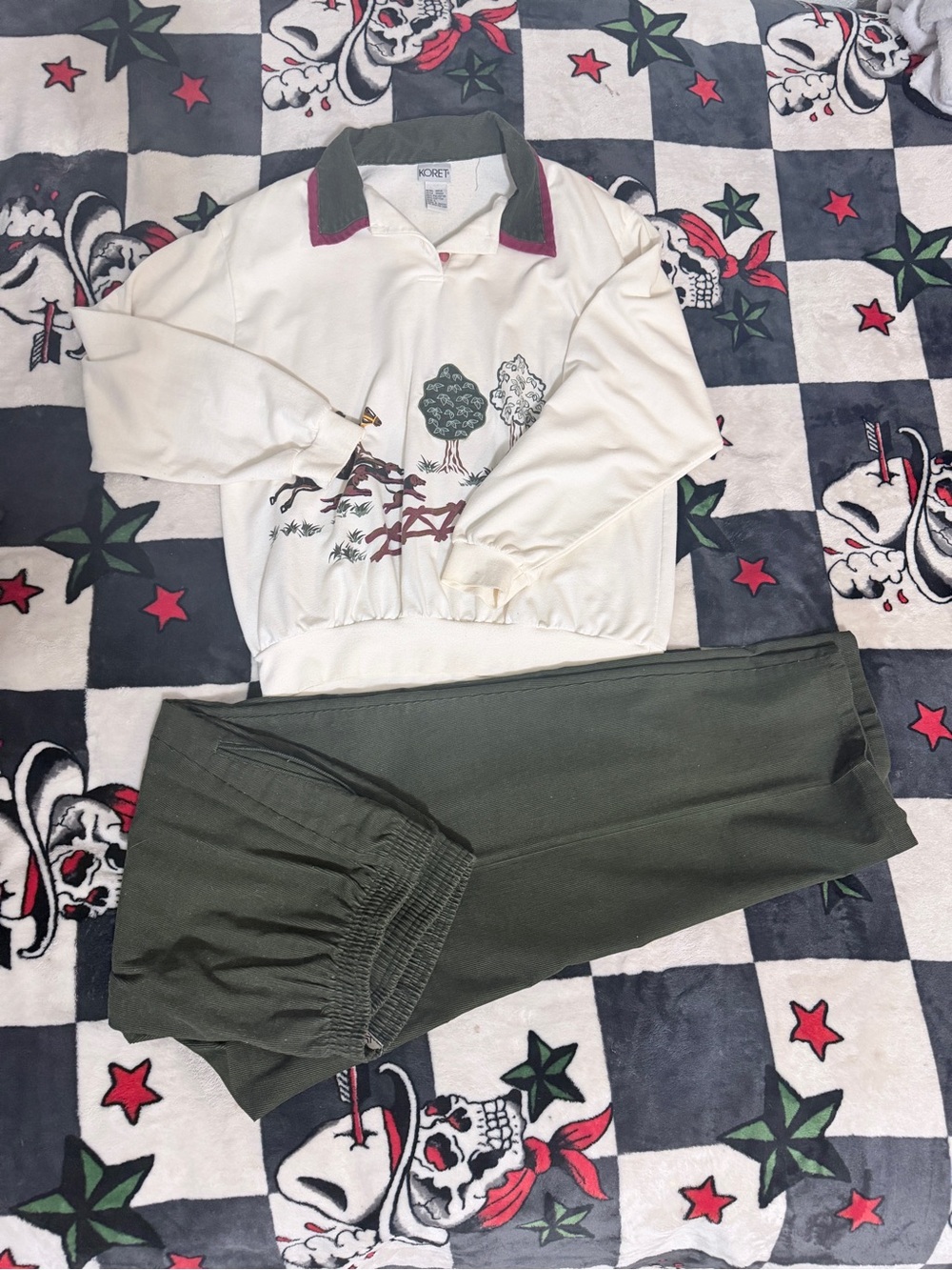 Koret Cream Pullover Polo with Olive Green Collar Trim